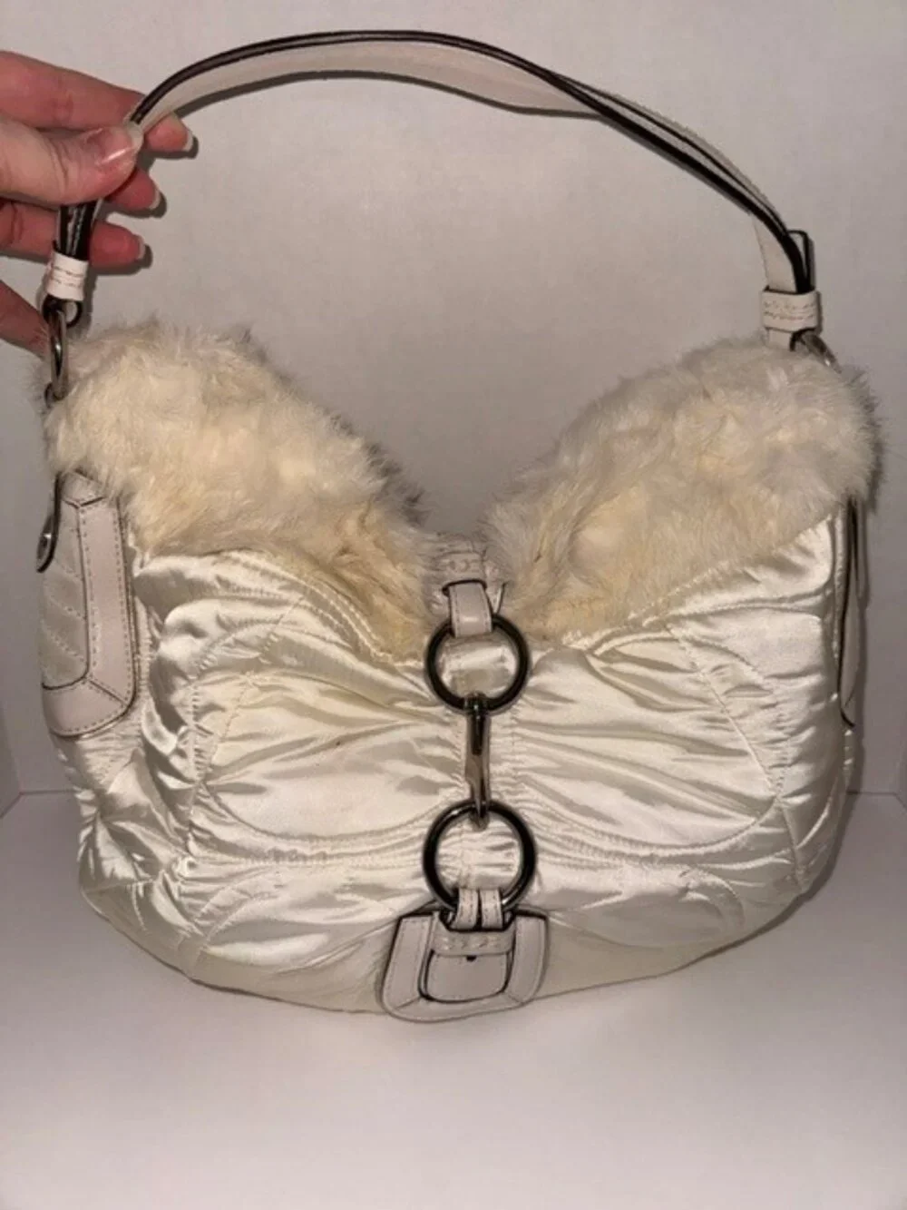 🤍 Authentic Coach White Satin & Faux Fur Hobo Bag
